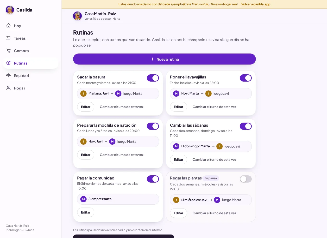 Vista Rutinas del panel de Casilda: varias rutinas con sus turnos rotando entre miembros del hogar
